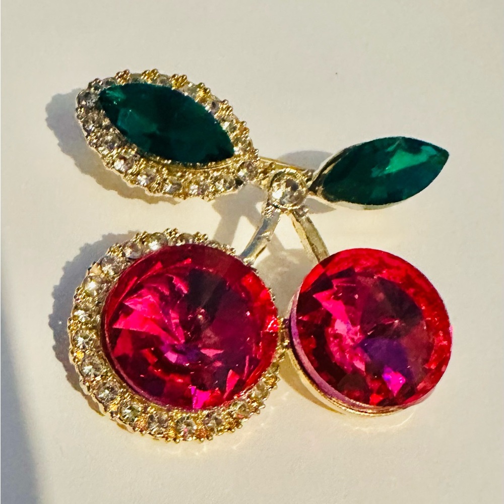 Elegant Gold Tone with Dark Pink Cherry Brooch